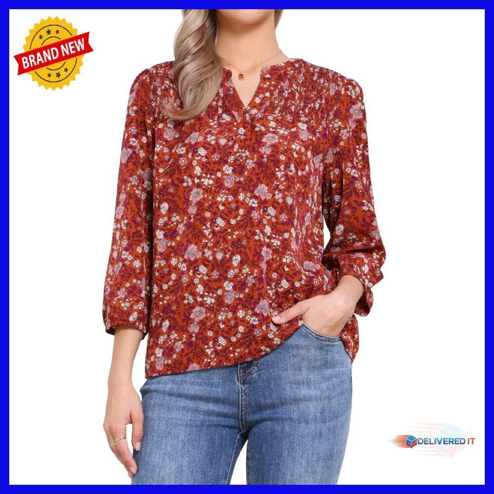 Floral V-Neck Smocked Blouse 3/4 Sleeve Polyester Casual Top